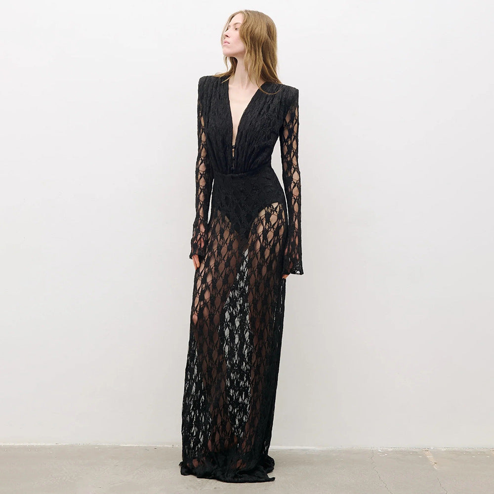 Woman in a fitted French lace long sleeve dress, dancing confidently at a winter party with a bold, elegant vibe and statement accessories.