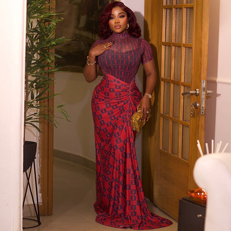 Model wears a Slim Waist See-Through Stitching Hip Dress with pleated print and turtleneck, glowing under festival lights with bold rave energy.