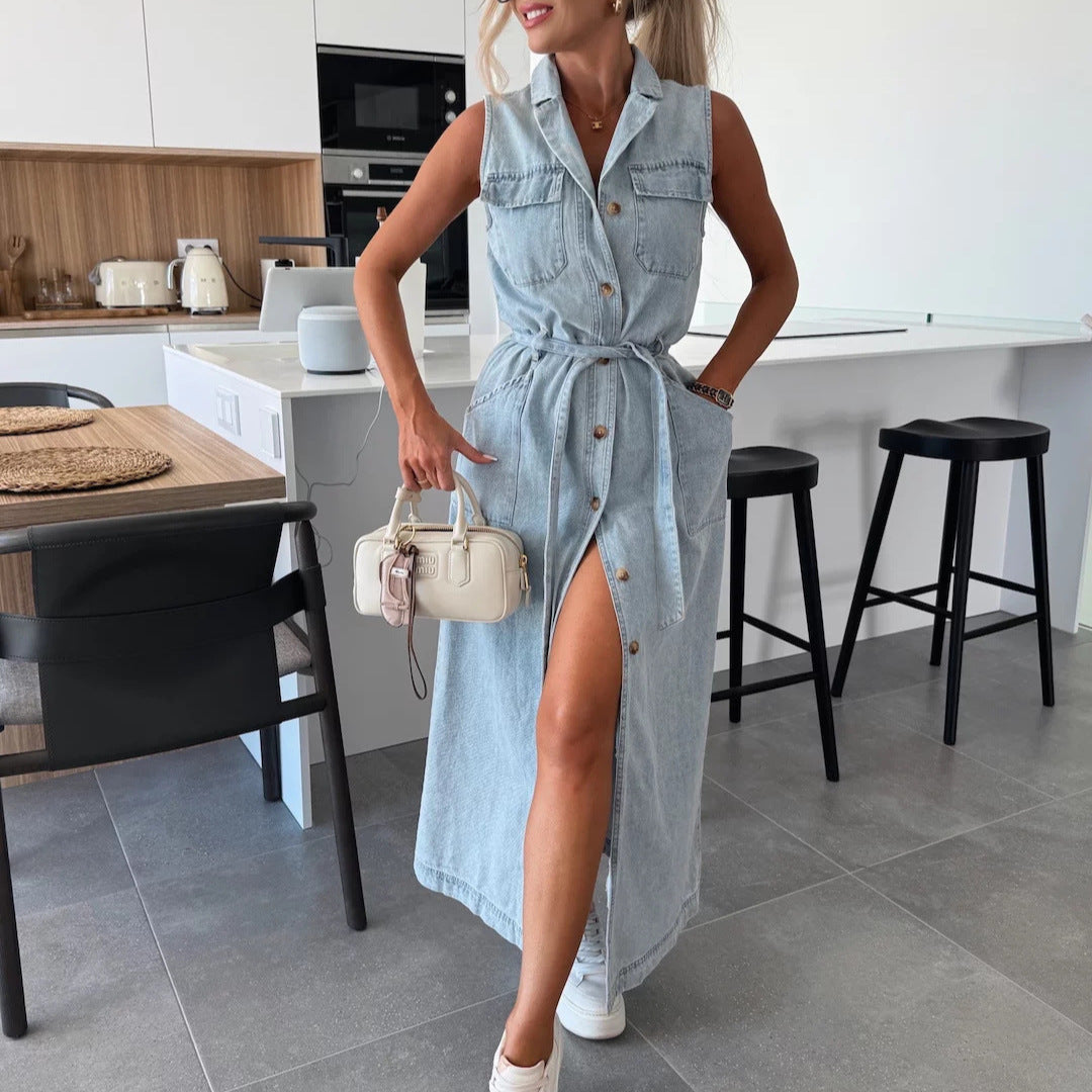 Woman in a sleeveless long denim dress with tie waist, styled for a festival; bold, confident, ready to dance under vibrant party lights.