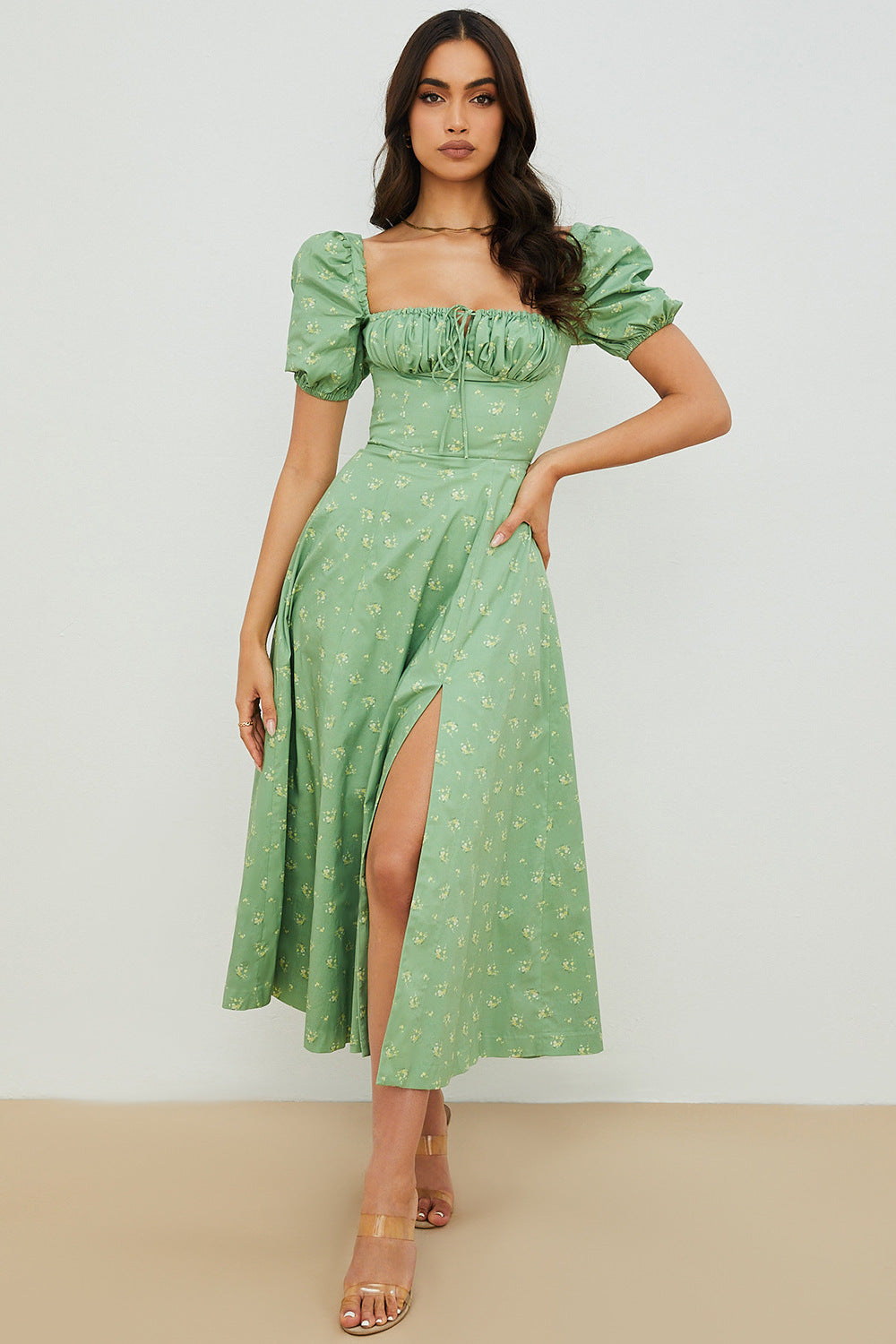 Vestido de verano para mujer, producto superior, con mangas abullonadas, estampado floral, cuello con lazo y abertura alta.