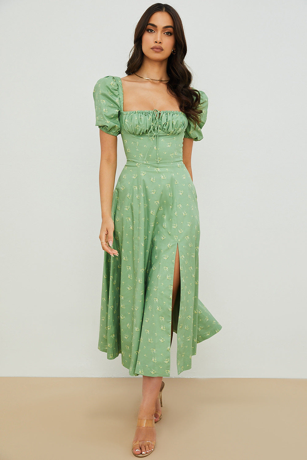 Vestido de verano para mujer, producto superior, con mangas abullonadas, estampado floral, cuello con lazo y abertura alta.