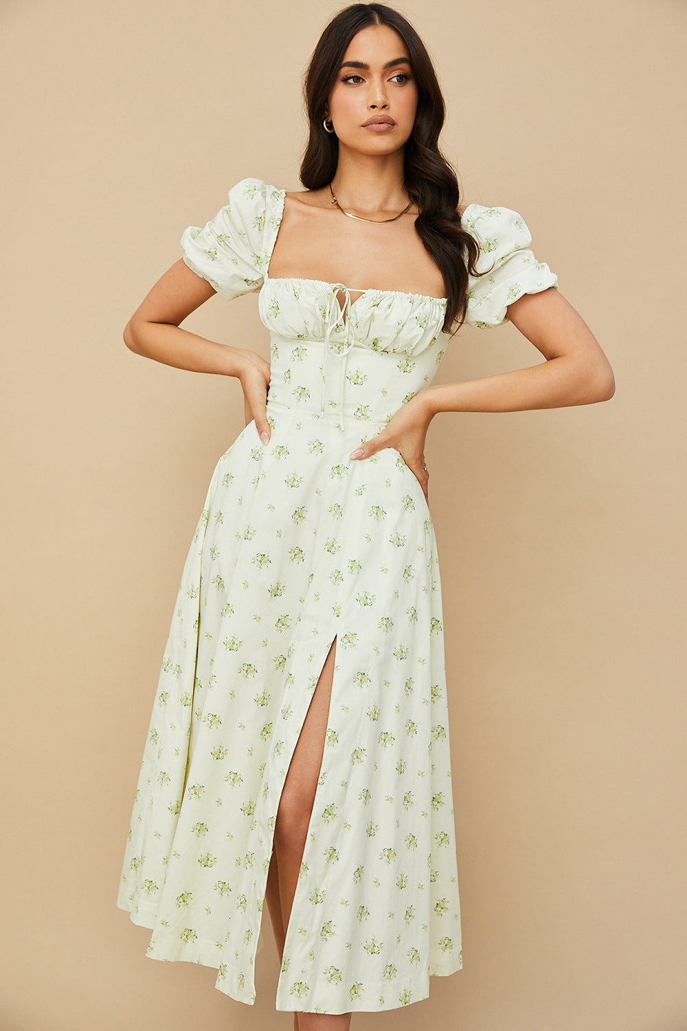 Vestido de verano para mujer, producto superior, con mangas abullonadas, estampado floral, cuello con lazo y abertura alta.