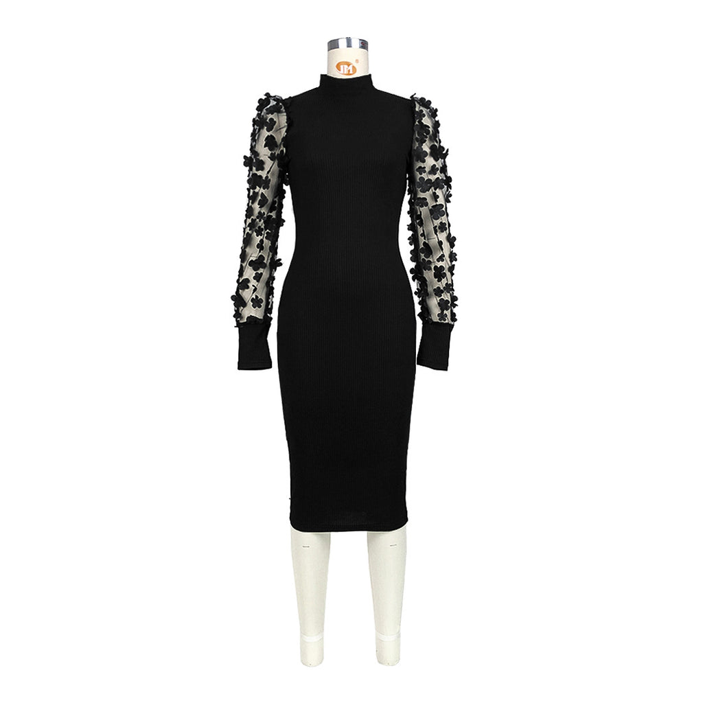 Women Clothing Three Dimensional Petals Mesh Sleeves Rib Fabric One Piece Collar Dress
