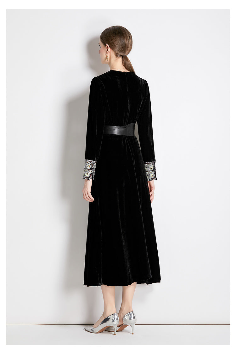 Women Fall Winter Long Sleeve V Neck A Line Midi Dress