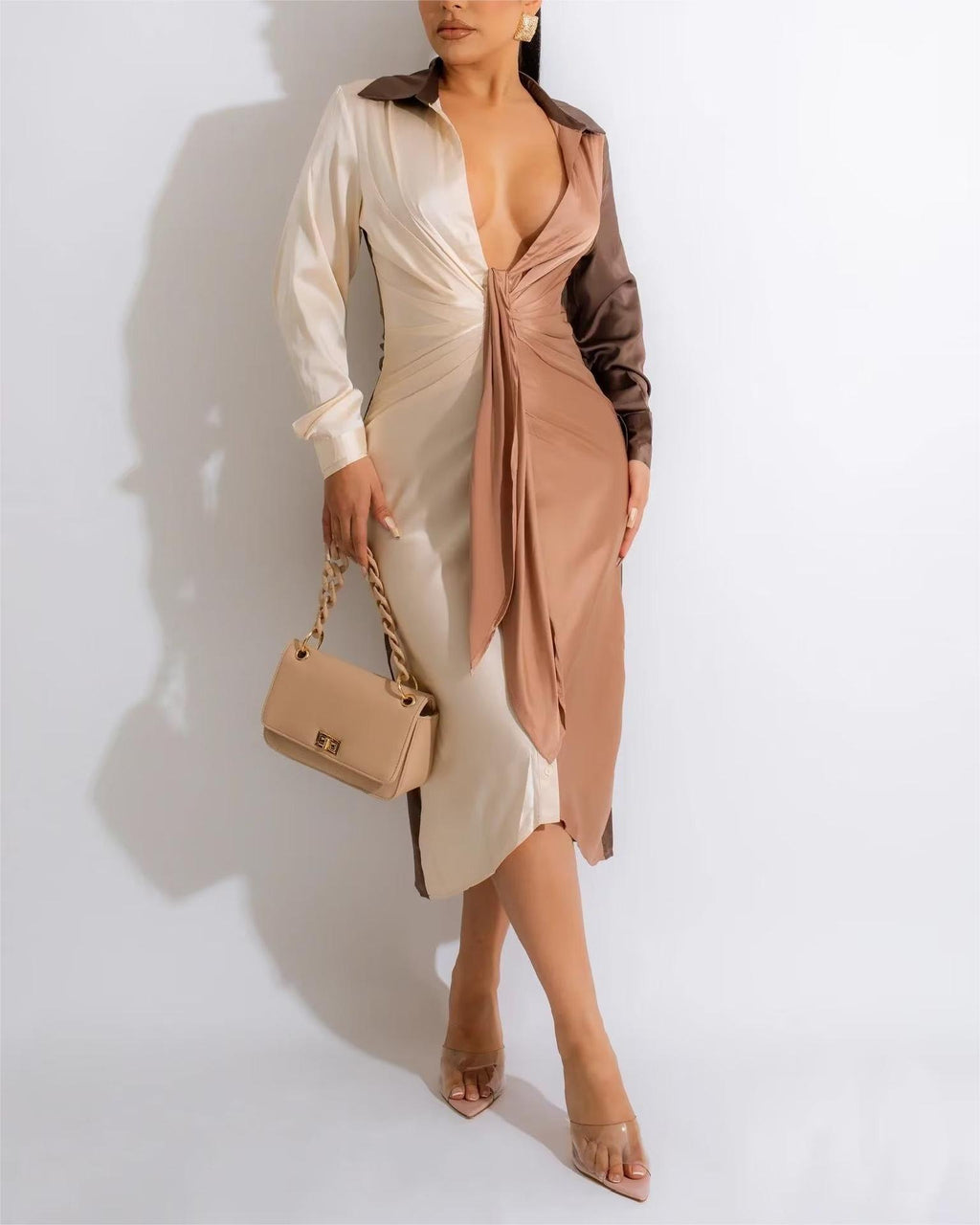 Women Chest Tie Collared Long Sleeve Color Matching Slim Dress