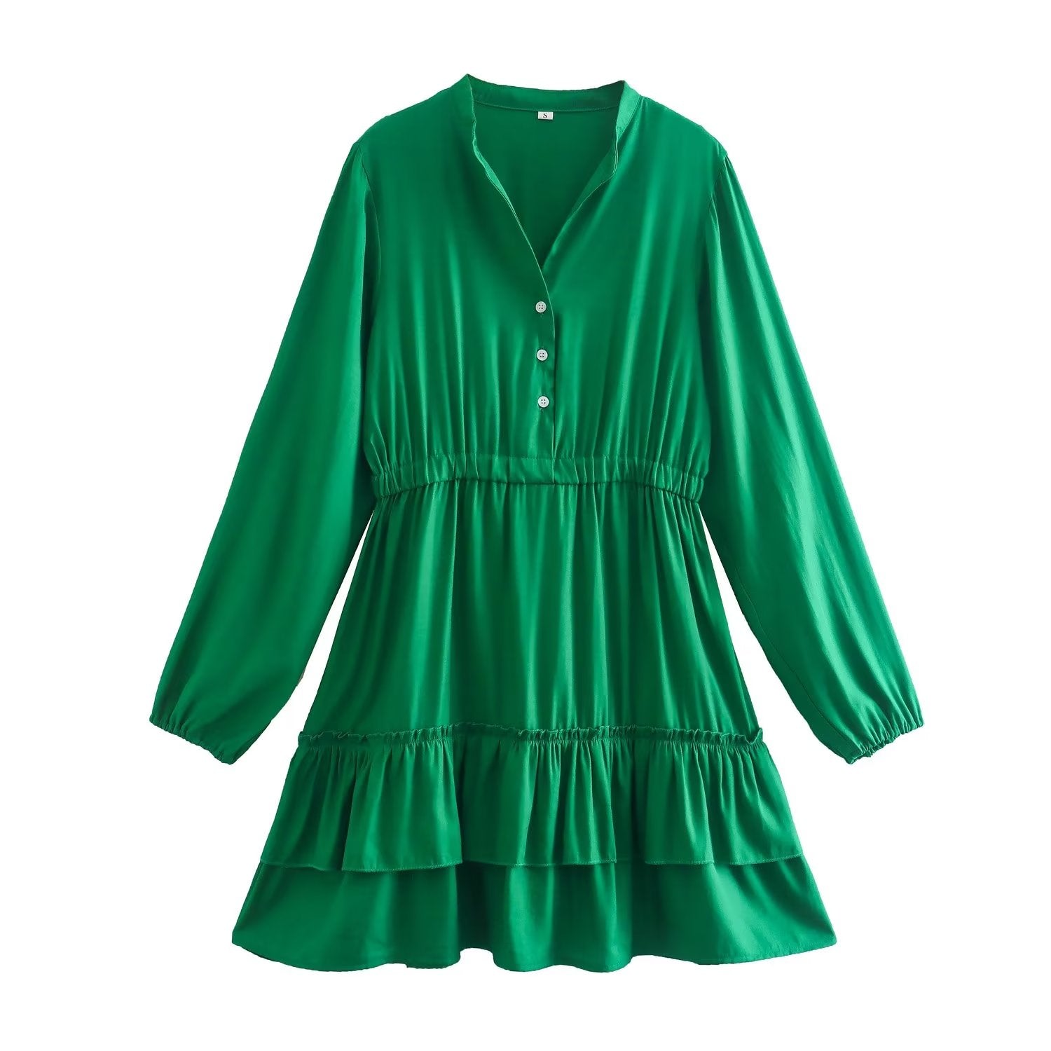 Robe d'hiver pour femme, col montant, couleur unie, manches longues à double volant laminé, à manches longues.