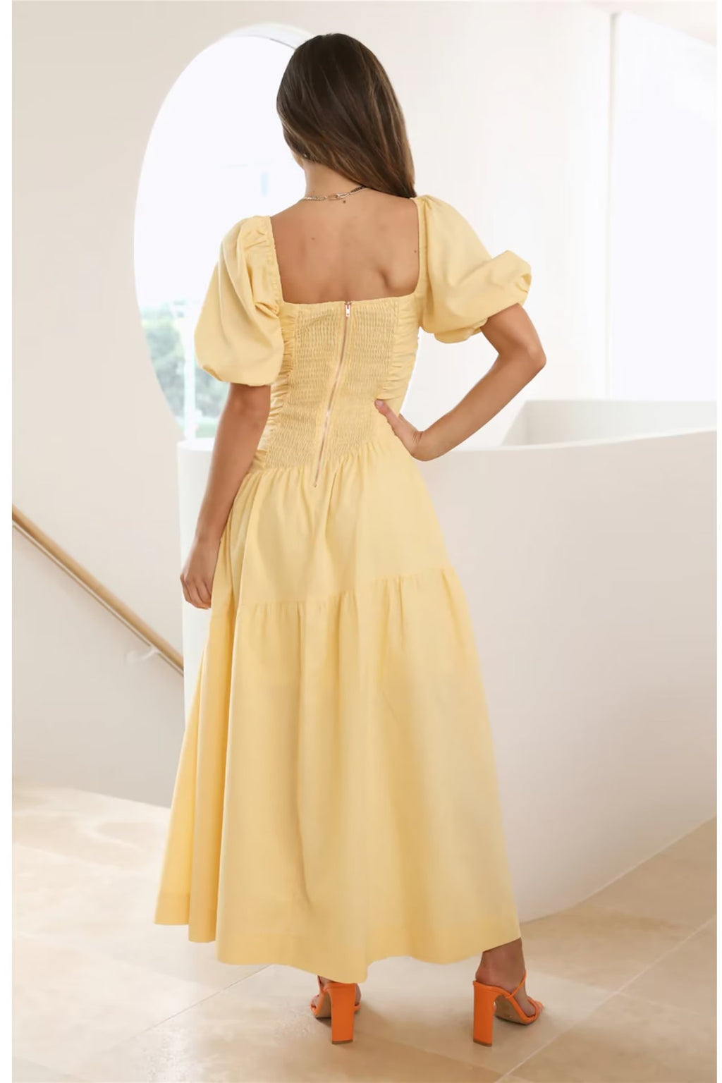 Autumn Women Yellow Square Collar Short Sleeve Waist Dress