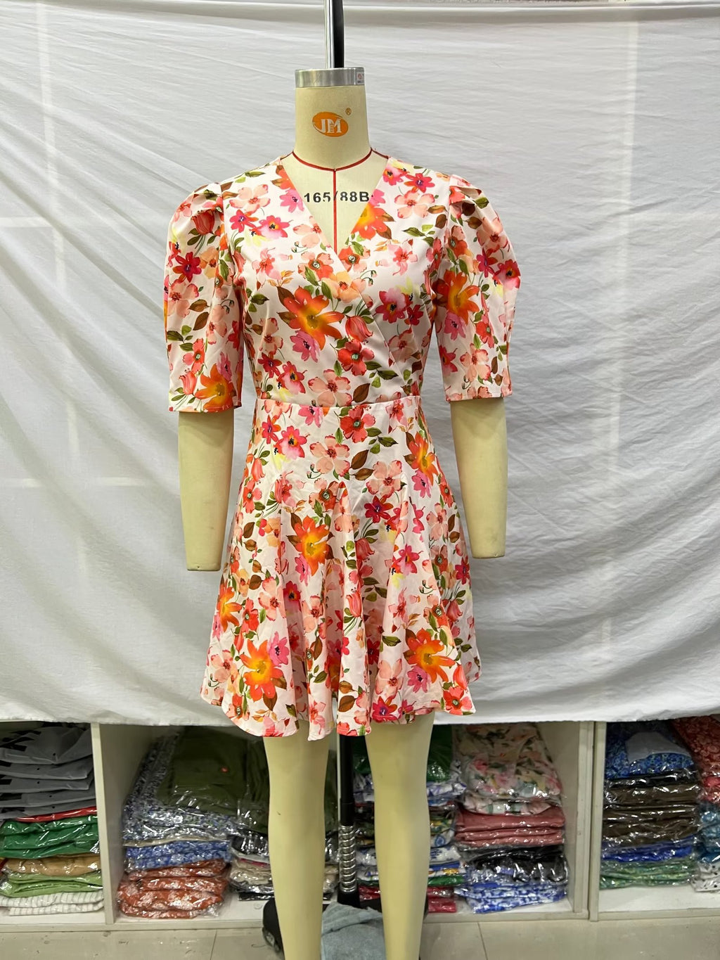 Spring Women Clothing Puff Sleeves Series Belt Floral Dress
