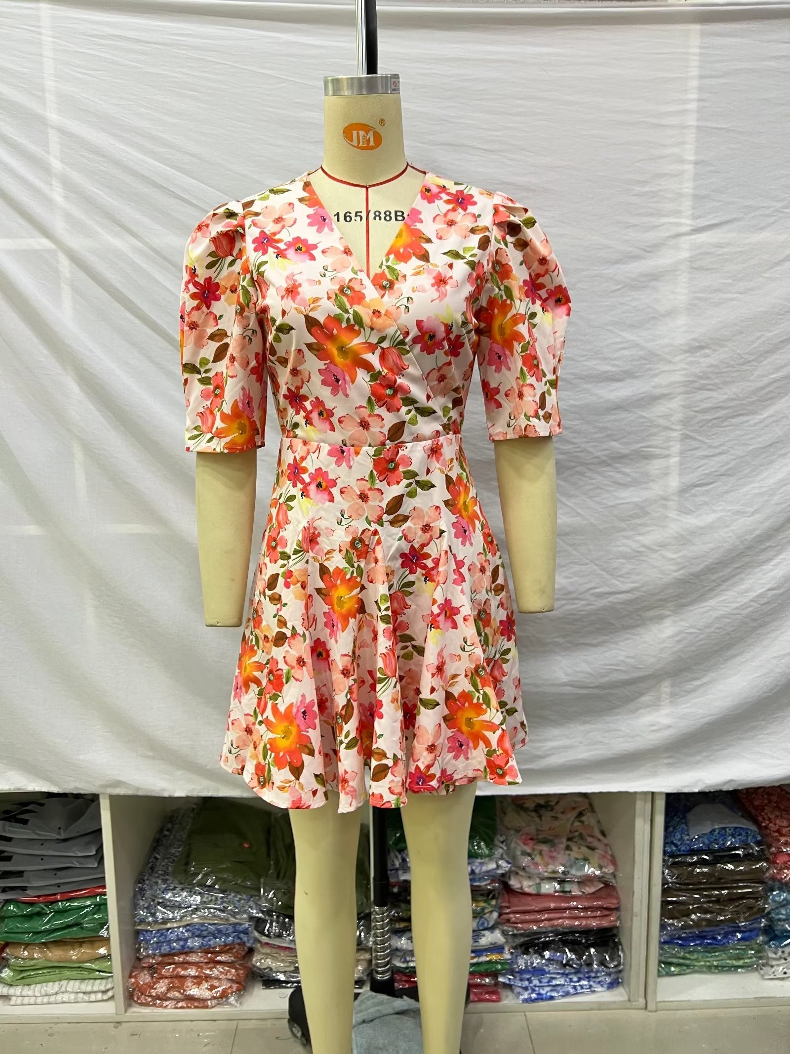 Spring Women Clothing Puff Sleeves Series Belt Floral Dress