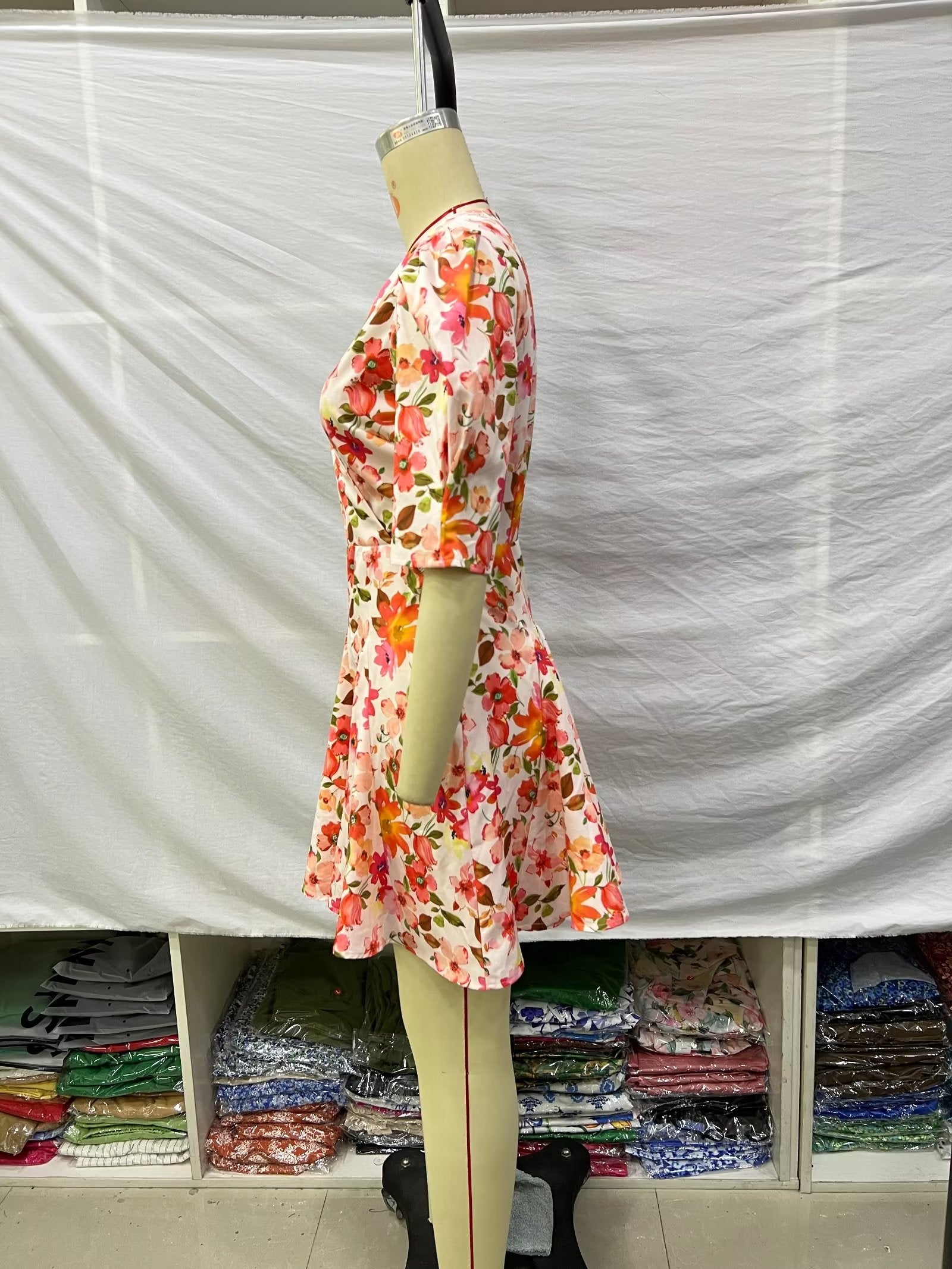 Spring Women Clothing Puff Sleeves Series Belt Floral Dress