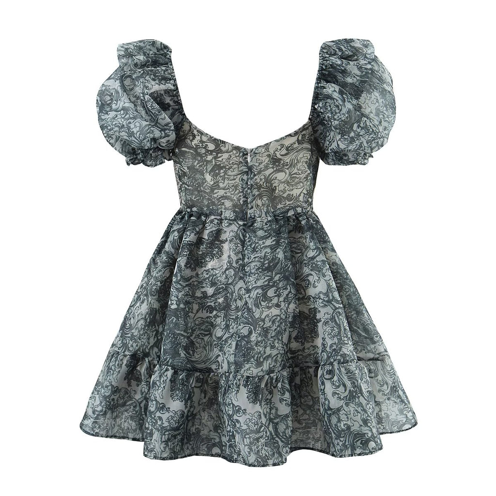 Fashionable Floral Dress Women Summer Trendy Court Puff Sleeve Waist Slimming