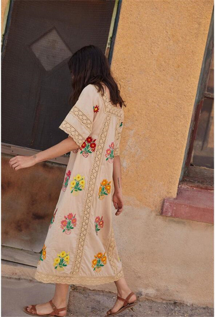 Women Spring And Summer Bohemian Holiday Flowers Embroidered Lace Tapered Hollow Dress