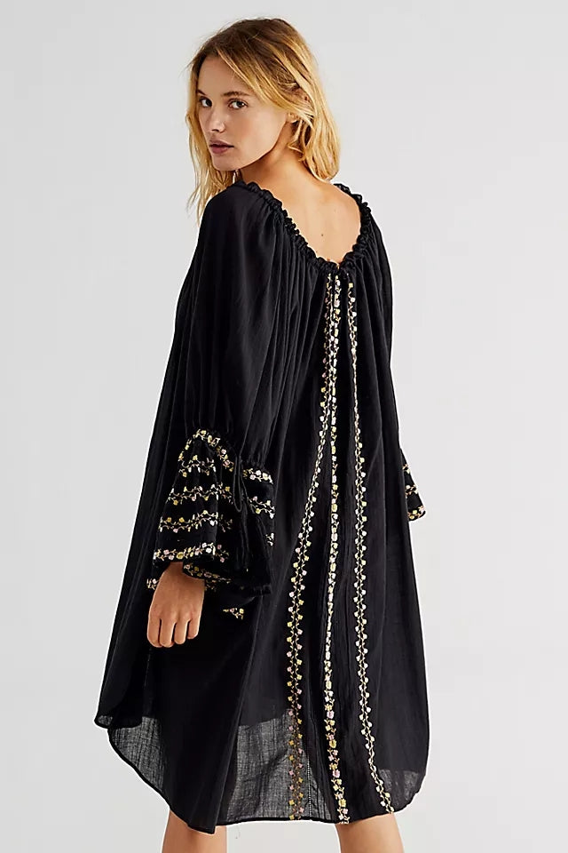 Women Spring and Summer Bohemian Holiday Flower Embroidered Black Cotton Dress