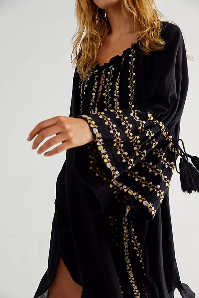 Women Spring and Summer Bohemian Holiday Flower Embroidered Black Cotton Dress