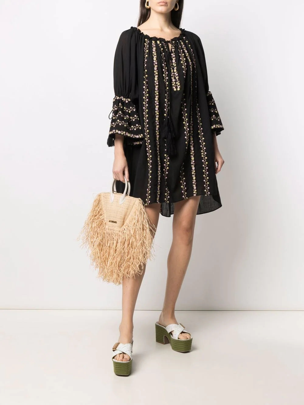 Women Spring and Summer Bohemian Holiday Flower Embroidered Black Cotton Dress