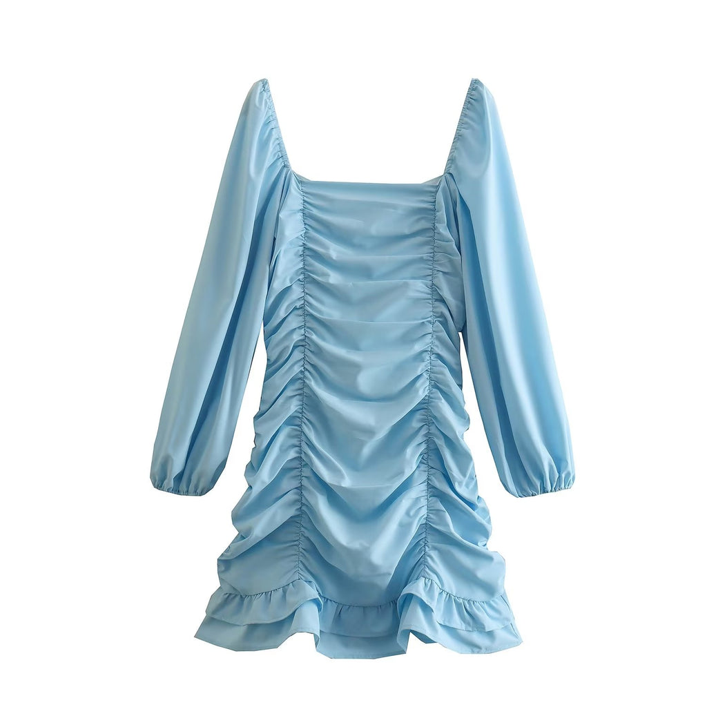 Spring Women Clothing Solid Color Square Collar Pullover Pleated Long Sleeve Short Dress