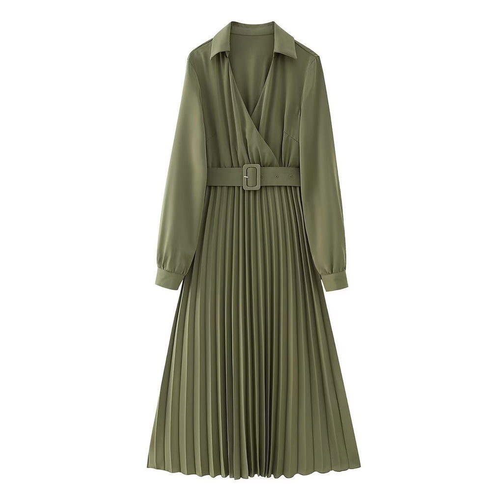 Robe plissée à col en V et ceinture pour femme - Collection Hiver