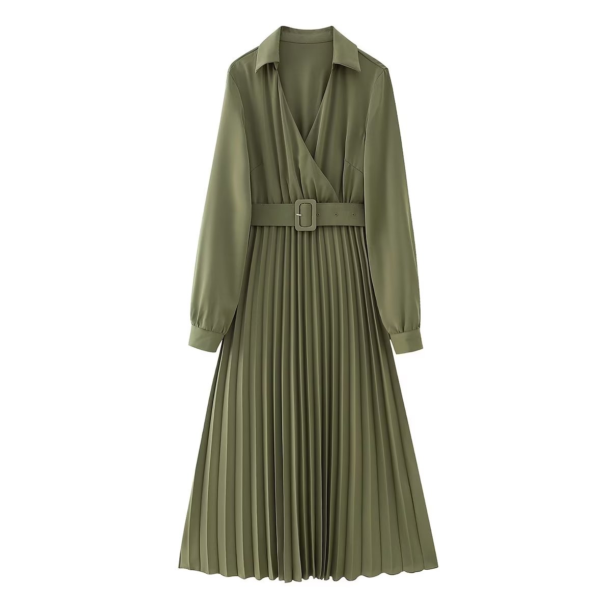 Robe plissée à col en V et ceinture pour femme - Collection Hiver