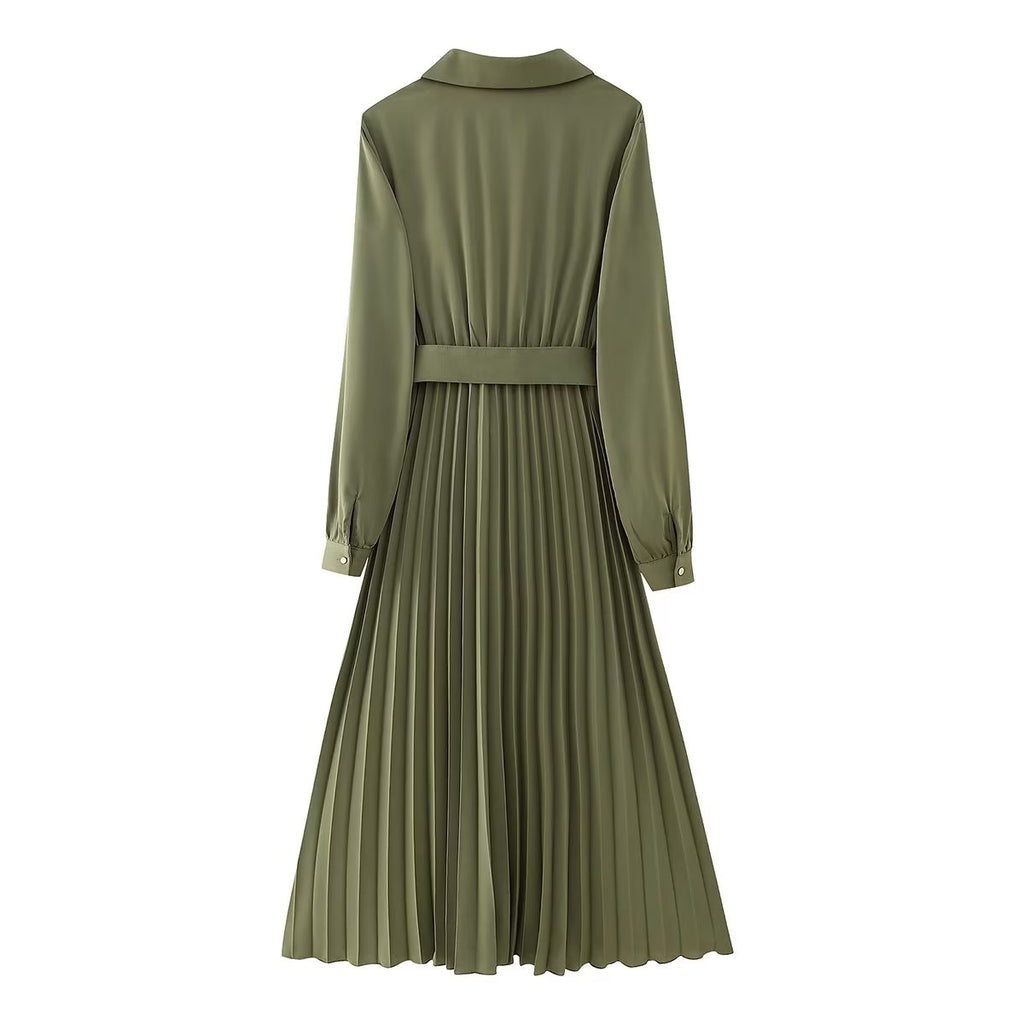 Robe plissée à col en V et ceinture pour femme - Collection Hiver