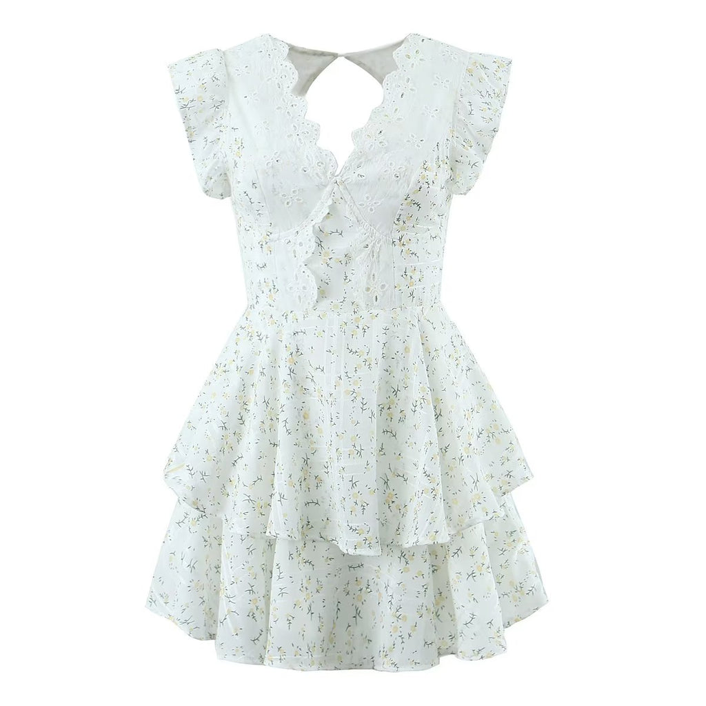 Retro French Ruffles Flounced Sleeve Lace Embroidered Vest Dress Deep V Plunge neck Drawstring Slim Fit Tiered Dress