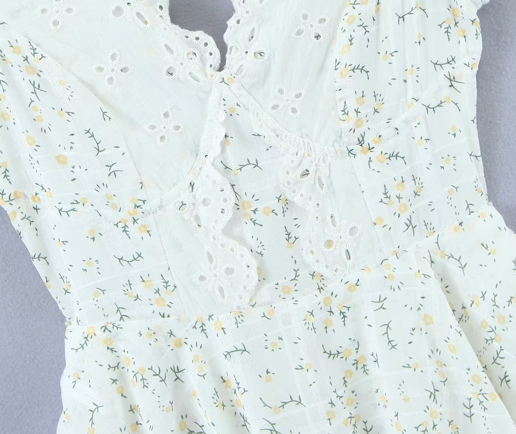 Retro French Ruffles Flounced Sleeve Lace Embroidered Vest Dress Deep V Plunge neck Drawstring Slim Fit Tiered Dress