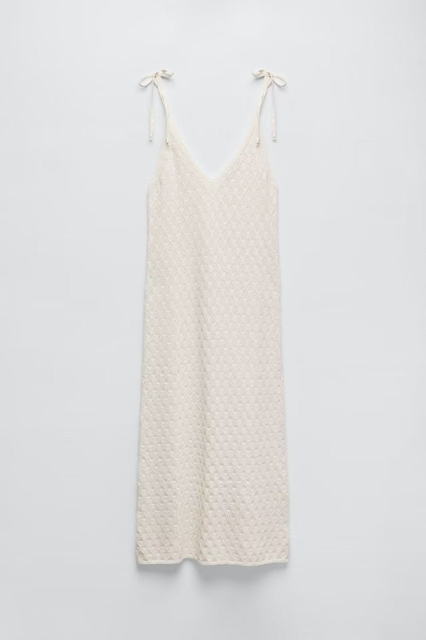 Spring Women Clothing V neck Mid Length Hollow Out Cutout Knitted Tie Strap Dress for Women