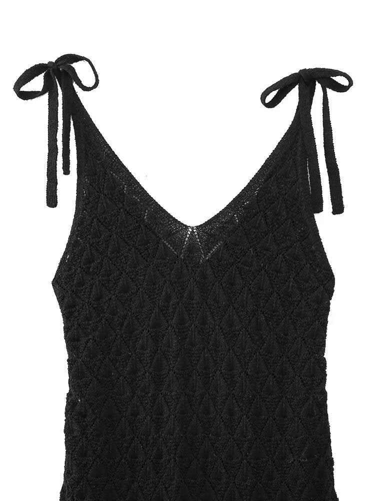 Spring Women Clothing V neck Mid Length Hollow Out Cutout Knitted Tie Strap Dress for Women