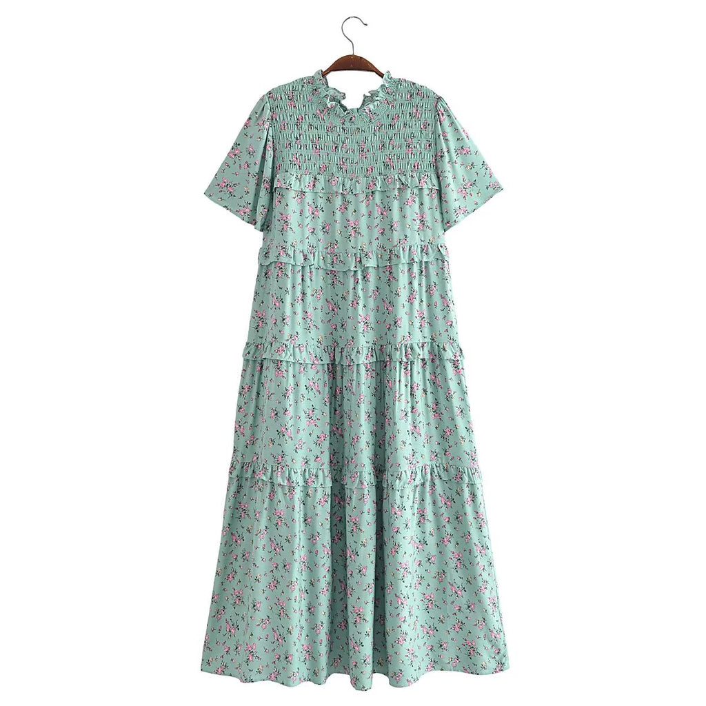 Autumn Women Clothing Printed Lace up Elastic Tiered Dress