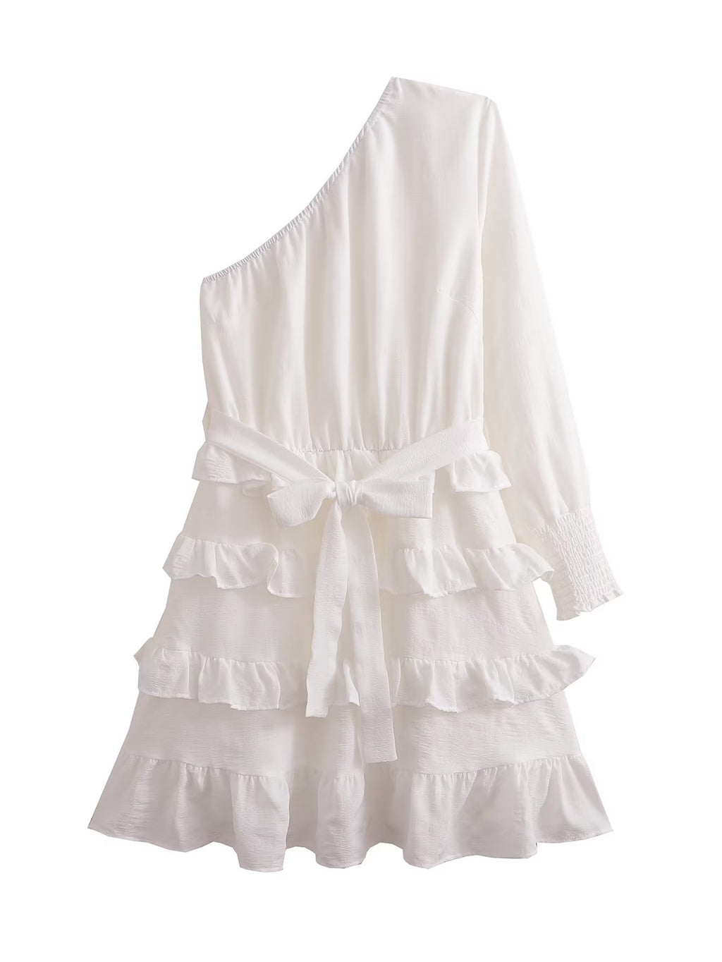 Women Spring Fall Texture Diagonal Shoulder Tiered Dress Diagonal Collar