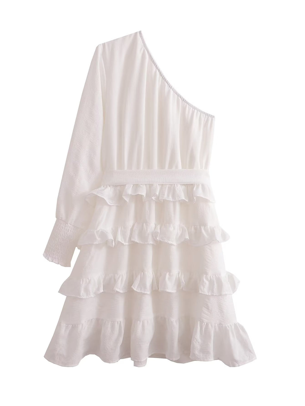 Women Spring Fall Texture Diagonal Shoulder Tiered Dress Diagonal Collar