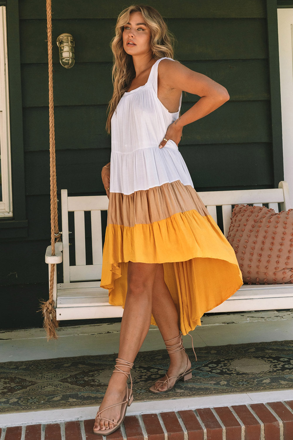 Yellow High Low Tiered Colorblock Square Collar Midi Dress