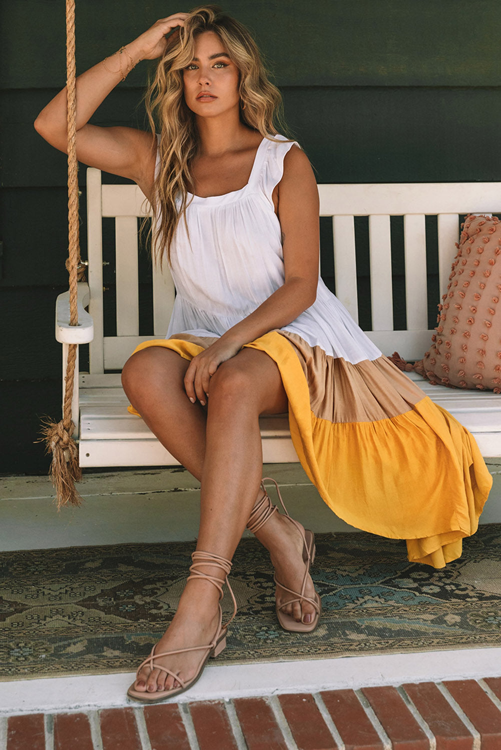 Yellow High Low Tiered Colorblock Square Collar Midi Dress