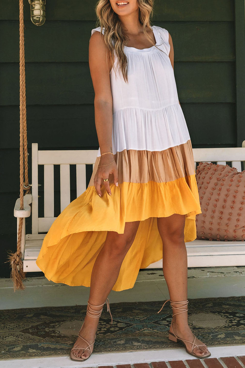 Yellow High Low Tiered Colorblock Square Collar Midi Dress