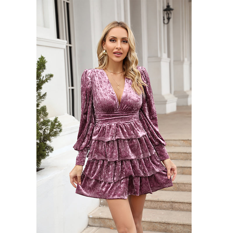 Vestido elegante de corte A con volantes para mujer, liso, para uso diario, otoño e invierno