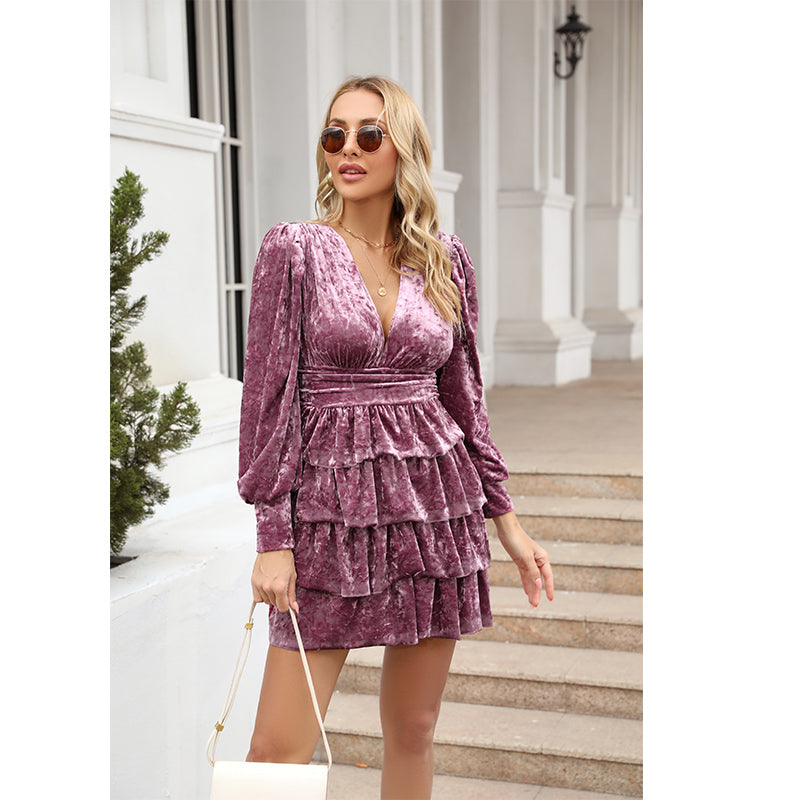 Vestido elegante de corte A con volantes para mujer, liso, para uso diario, otoño e invierno