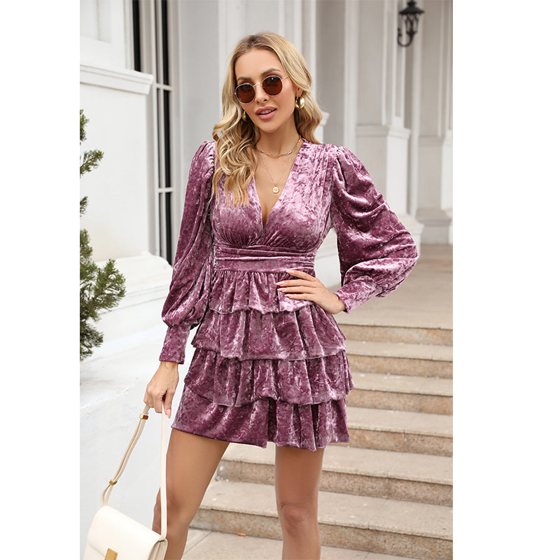 Vestido elegante de corte A con volantes para mujer, liso, para uso diario, otoño e invierno