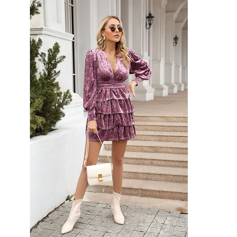 Vestido elegante de corte A con volantes para mujer, liso, para uso diario, otoño e invierno