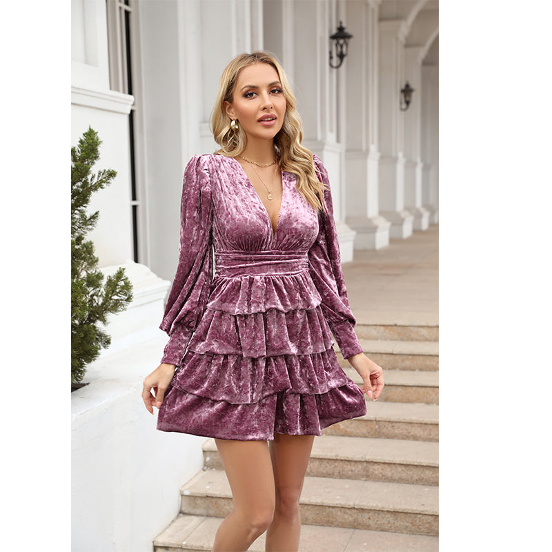 Vestido elegante de corte A con volantes para mujer, liso, para uso diario, otoño e invierno