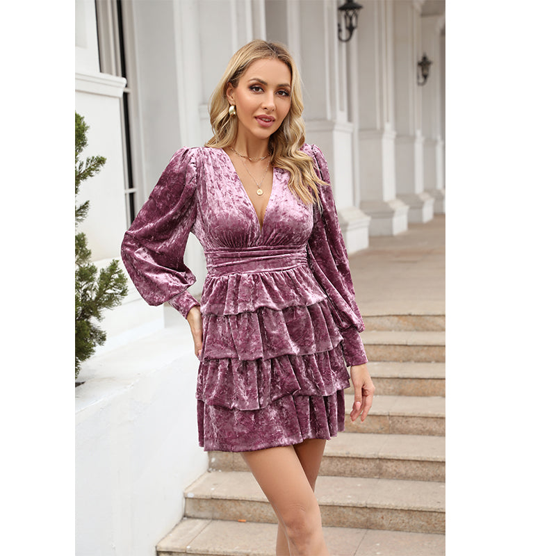 Vestido elegante de corte A con volantes para mujer, liso, para uso diario, otoño e invierno