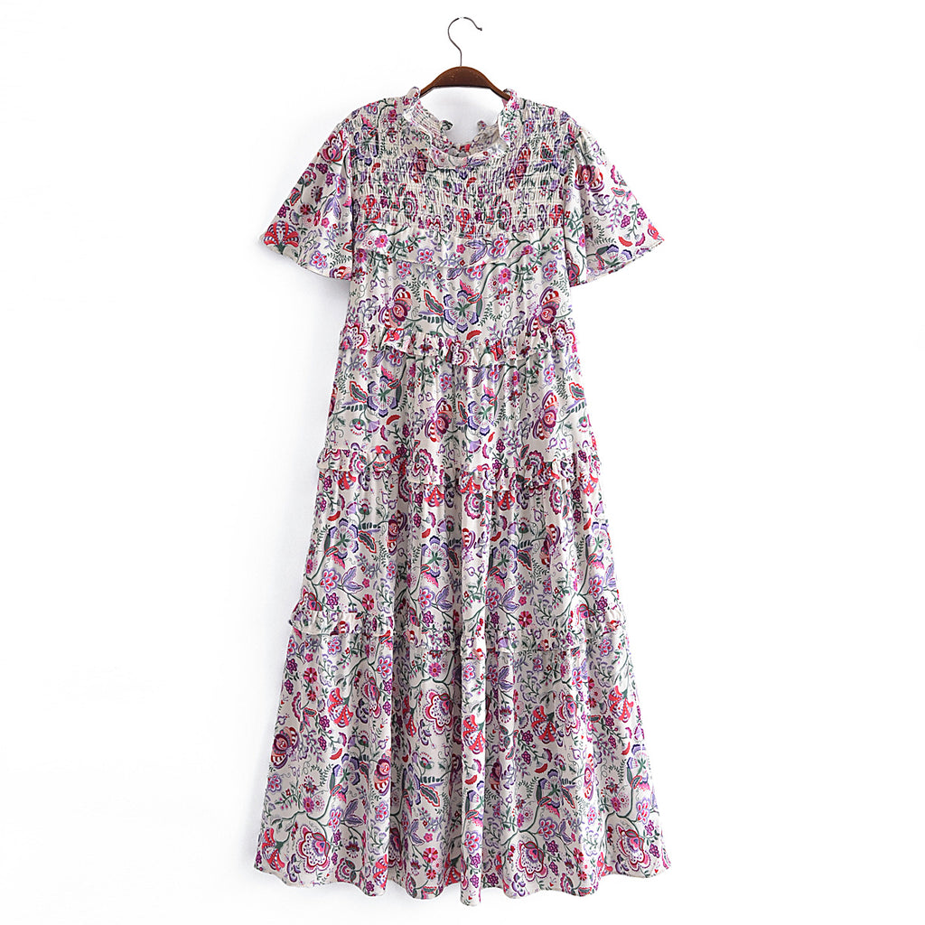 Robe imprimée à volants, manches à volants et taille haute, col en V