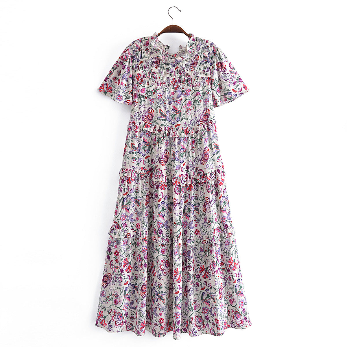 Robe imprimée à volants, manches à volants et taille haute, col en V