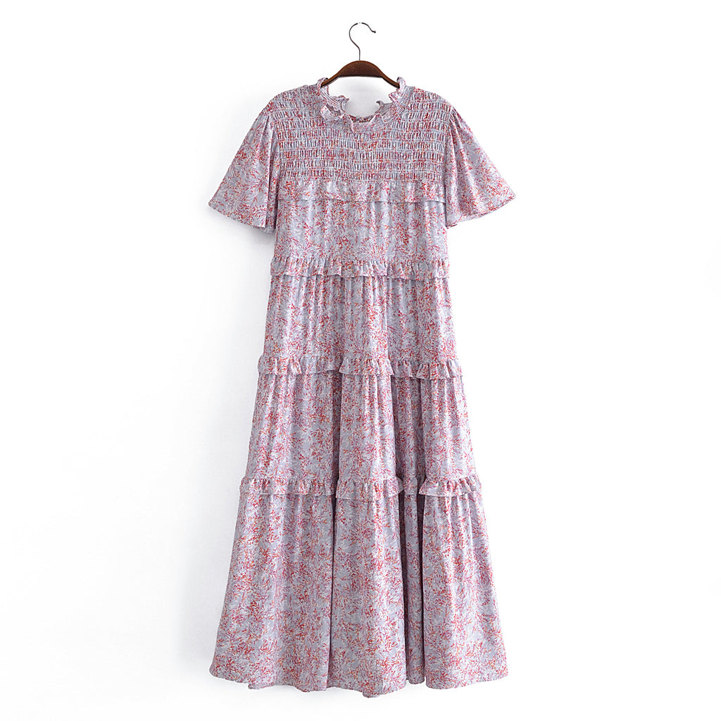Robe d'automne imprimée à lacets élastiques et volants pour femme