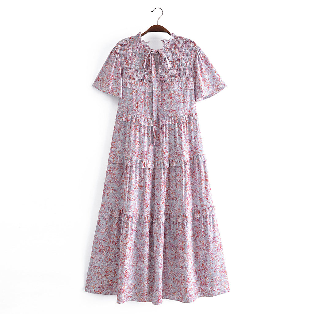 Robe d'automne imprimée à lacets élastiques et volants pour femme