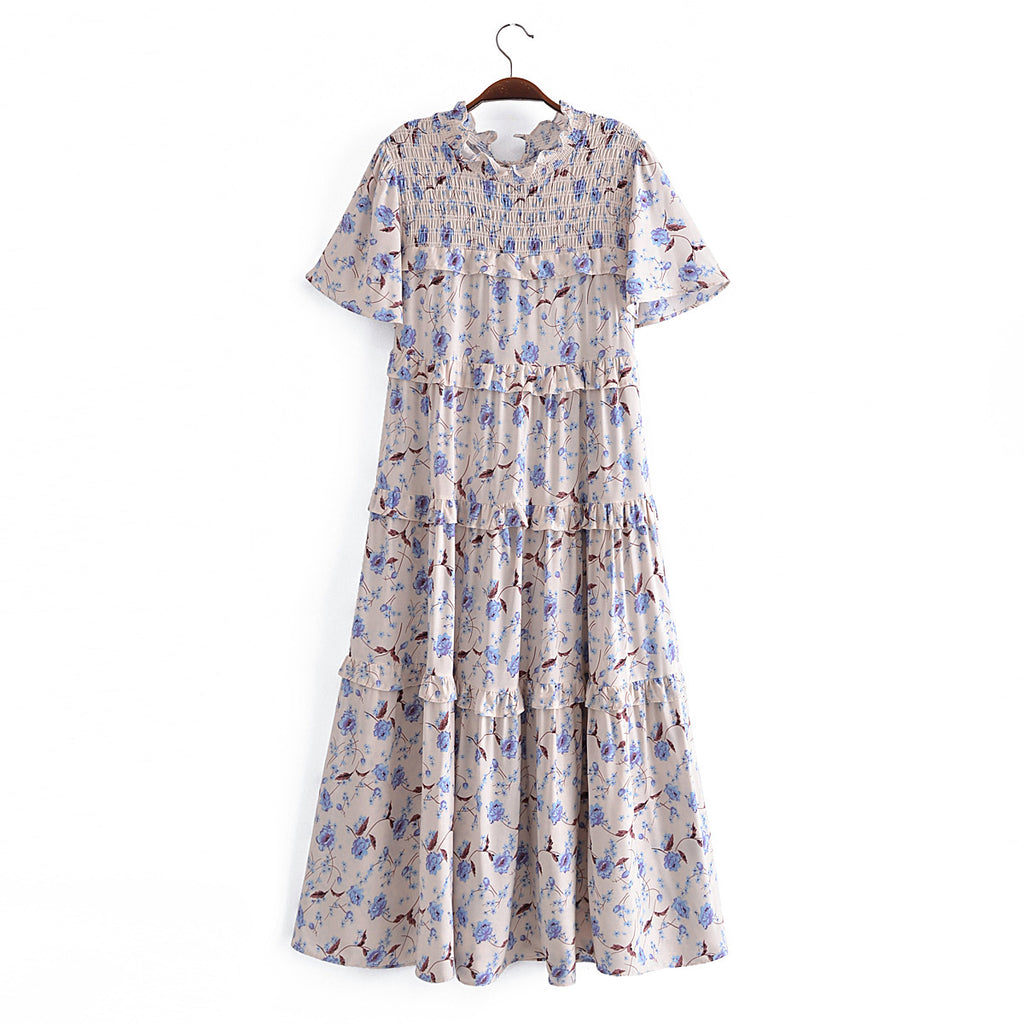 Summer Women Rayon Printed Elastic Tiered Dress Short Sleeve Dress Mid Length