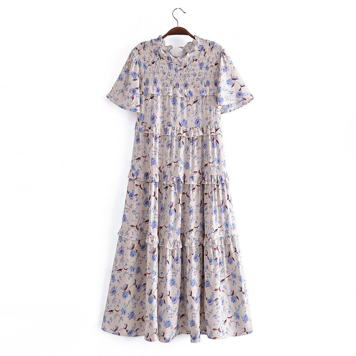 Summer Women Rayon Printed Elastic Tiered Dress Short Sleeve Dress Mid Length