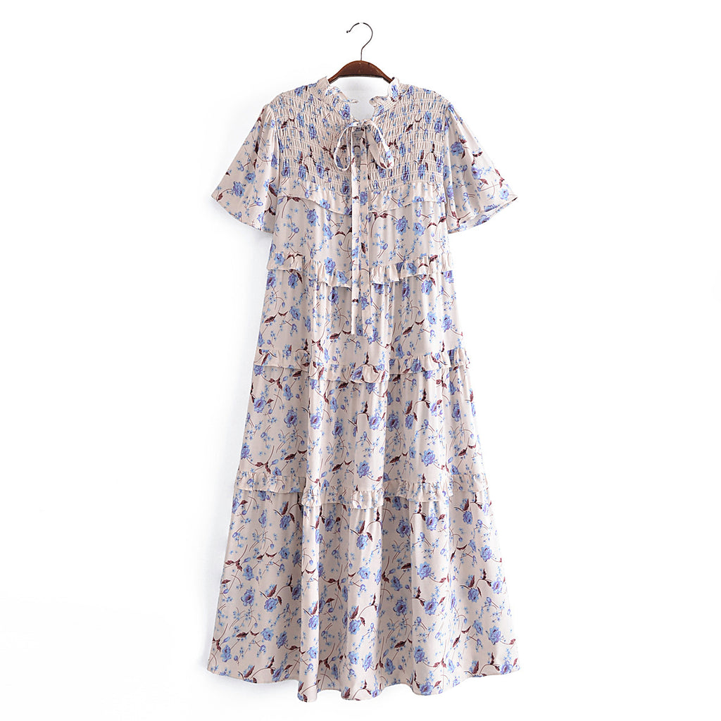 Summer Women Rayon Printed Elastic Tiered Dress Short Sleeve Dress Mid Length
