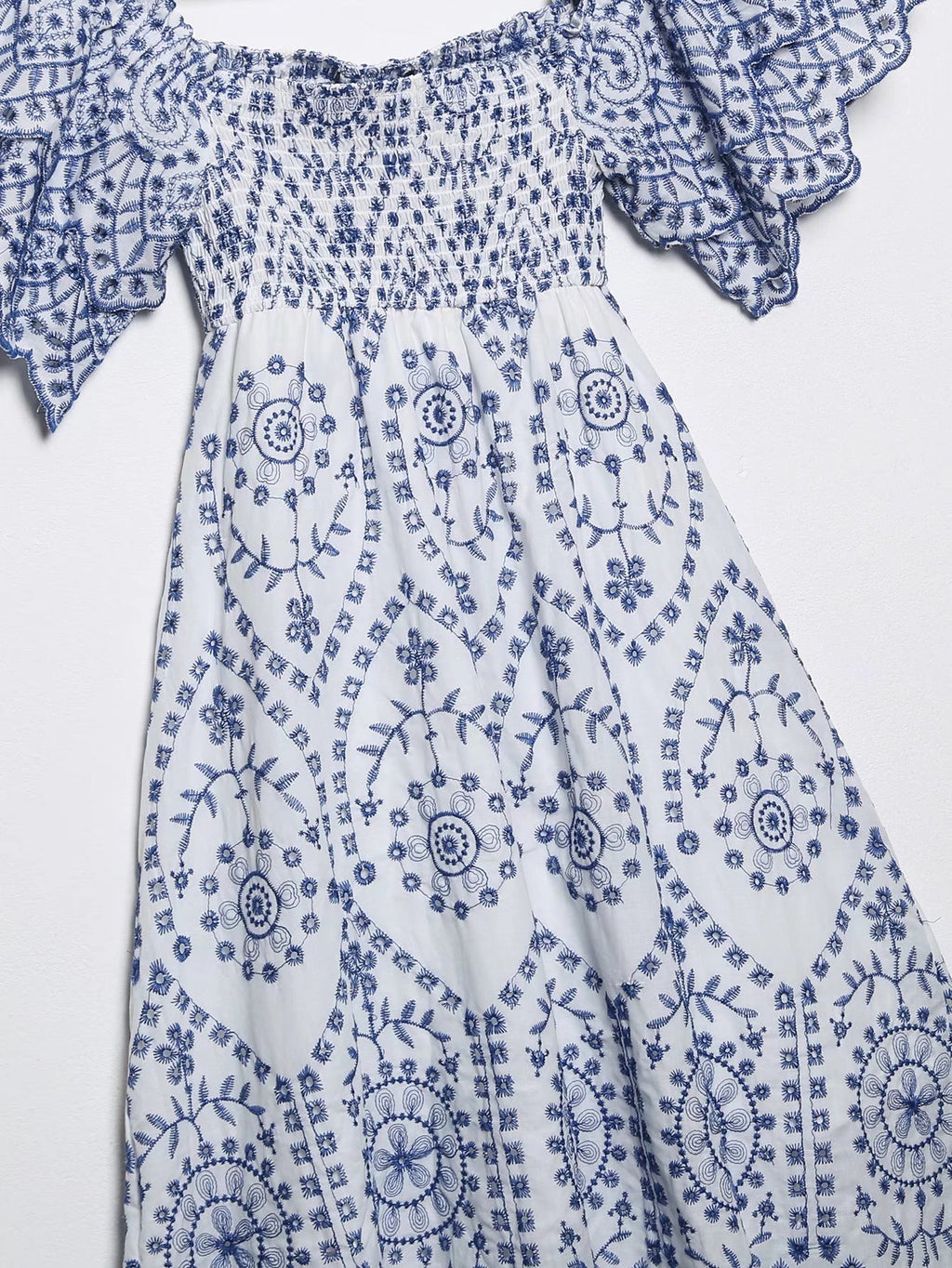 Summer Women Clothing Square Collar Embroidered Ruffled Sleeve Waist Slimming Dress Long Dress