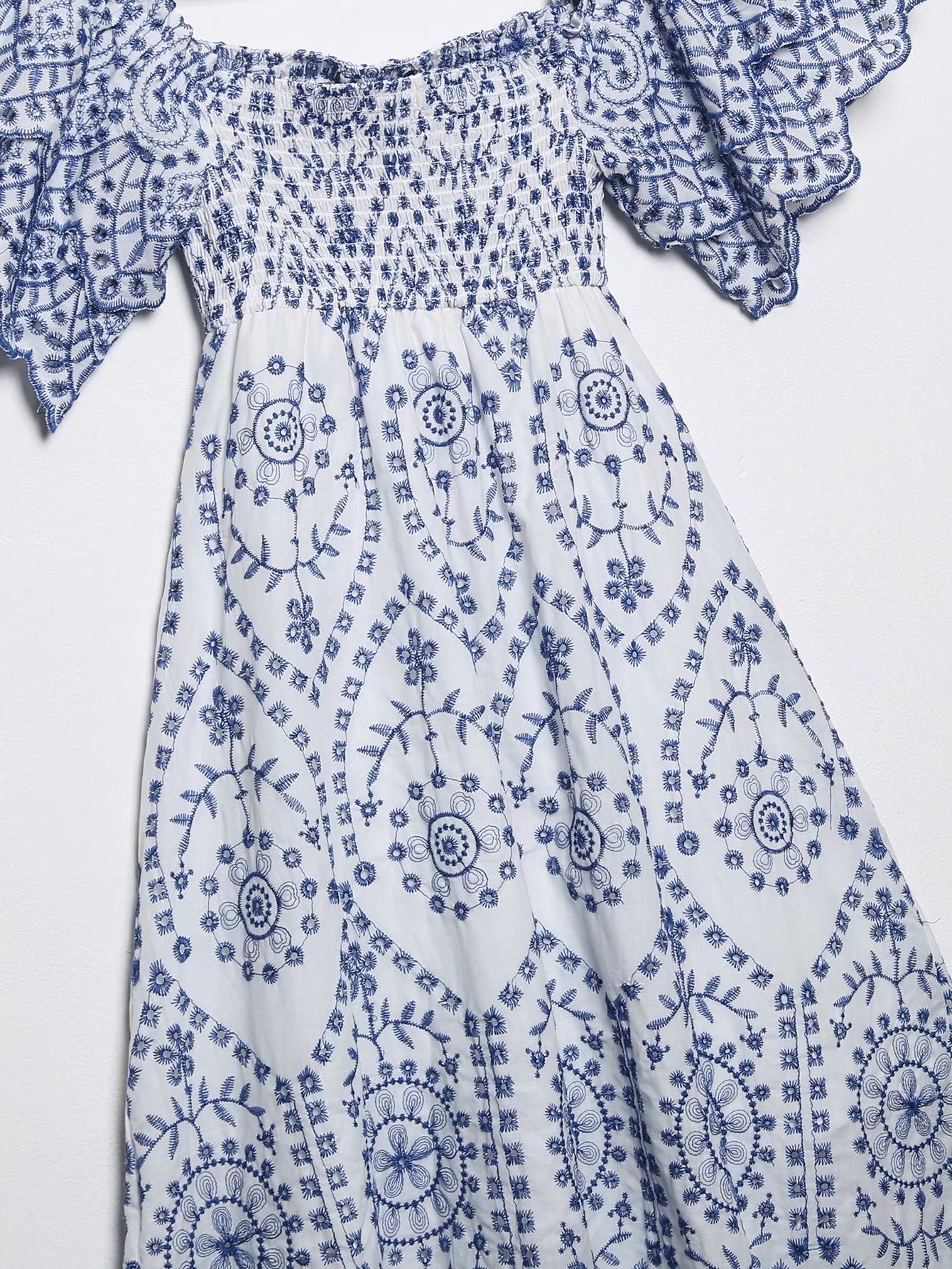 Summer Women Clothing Square Collar Embroidered Ruffled Sleeve Waist Slimming Dress Long Dress