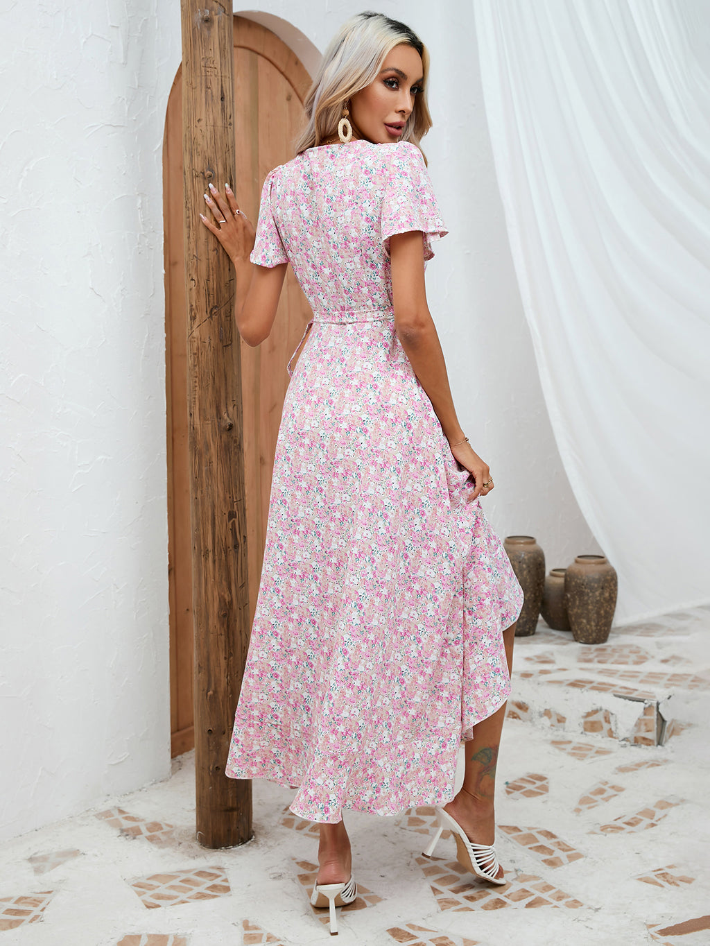 Women New Summer Bohemian Ruffled V neck Irregular Strap Dress Seaside Beach Holiday Wrap Dress