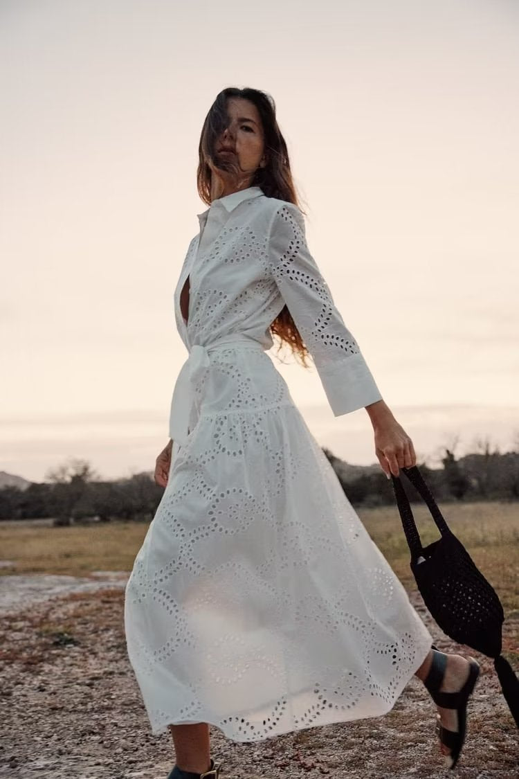 Women Embroidered Maxi Dress Spring Summer Blouse Collar Dress with Belt